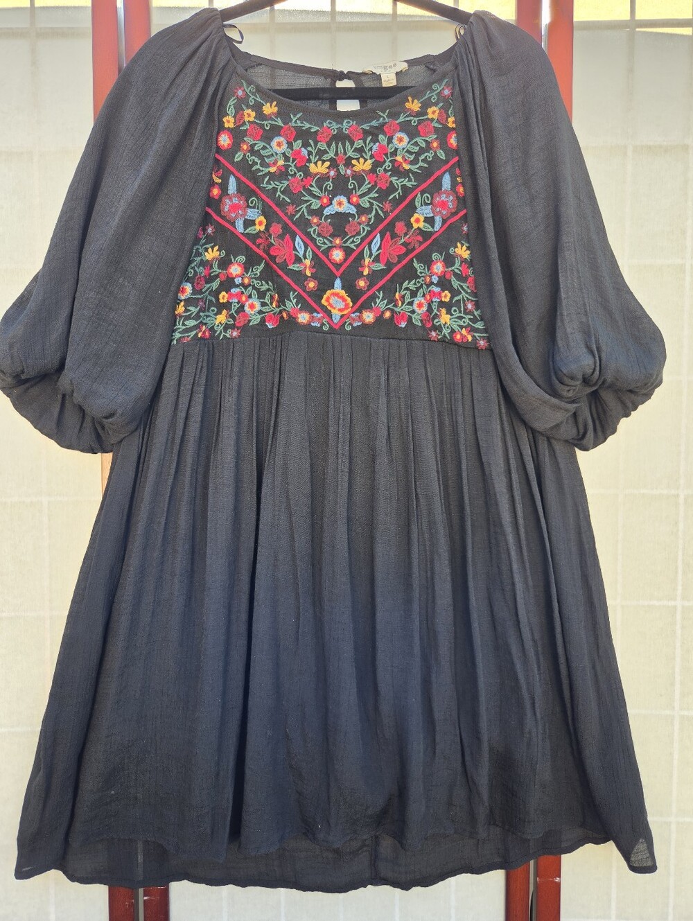 UMGEE Floral Embroidered Boho Mini Dress Balloon Sleeve Cottagecore Festival L